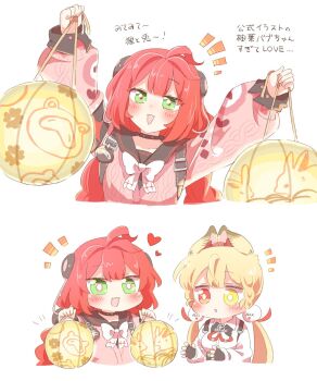 2girls alice_thymefield animal_ears arms_up backpack bag belt black_gloves black_sailor_collar blonde_hair blush braid braided_twintails cardigan chest_bow fingerless_gloves gloves green_eyes hair_ornament hearing_aid heart heterochromia highres holding holding_lantern lantern long_hair looking_at_another looking_at_viewer multiple_girls notice_lines open_mouth paper_lantern pink_cardigan rabbit_ears rabbit_girl rebecca_(keinelove) red_eyes red_hair sailor_collar shirt sphere_hair_ornament twintails ukinami_yuzuha white_background white_shirt yellow_eyes zenless_zone_zero