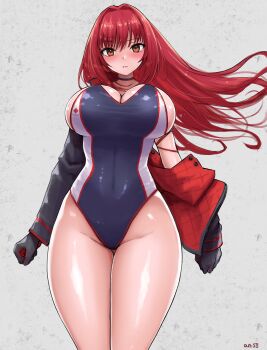 1girl angoha black_choker black_gloves blue_one-piece_swimsuit breasts choker competition_swimsuit covered_navel gloves goddess_of_victory:_nikke highleg highres huge_breasts long_hair looking_at_viewer multicolored_swimsuit one-piece_swimsuit orange_eyes rapi_(nikke) rapi_(red_hood)_(nikke) red_hair solo standing swimsuit very_long_hair white_one-piece_swimsuit