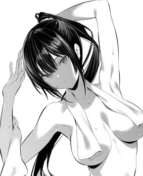 1girl armpits bare_shoulders black_hair breasts collarbone hair_ornament hair_scrunchie haite_kudasai_takamine-san highres hiiragi_yuuichi large_breasts monochrome naked_towel ponytail scrunchie shadow sweat takamine_takane towel towel_around_neck upper_body