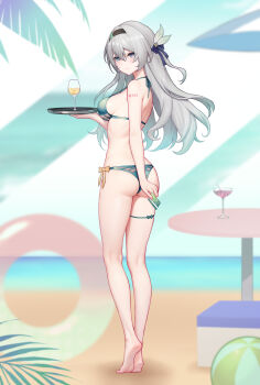 1girl absurdres alternate_costume aqua_bikini ass barefoot beach bikini blush breasts card chinese_commentary closed_mouth commentary_request cup drinking_glass feet firefly_(honkai:_star_rail) full_body grey_hair hair_ornament highres holding holding_card holding_tray honkai:_star_rail honkai_(series) kneepits large_variant_set long_hair looking_at_viewer medium_breasts paid_reward_available purple_eyes soles solo standing swimsuit thigh_strap thighs tray variant_set wristband yunkaiming