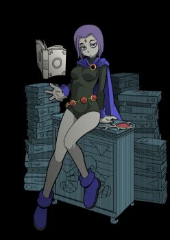 1girl belt bindi book cape cartoon_network cloak dc_comics female_focus leotard magic mirror open_book purple_eyes purple_hair raven_(dc) reading sitting solo teen_titans umibito
