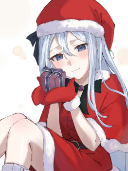 1girl alternate_costume belt black_belt black_bow blue_eyes blush bow bowtie box breasts capelet christmas closed_mouth commentary dress feet_out_of_frame fur-trimmed_capelet fur-trimmed_dress fur-trimmed_gloves fur-trimmed_headwear fur_trim gem gift gift_box gloves grey_hair hair_between_eyes hands_up hat hat_bow highres holding holding_gift knees_up long_hair long_sidelocks looking_at_viewer mixed-language_commentary project_sekai purple_gem red_capelet red_dress red_gloves red_hat santa_costume santa_hat sidelocks simple_background sitting small_breasts smile soba_toro solo straight_hair very_long_hair white_hair yoisaki_kanade