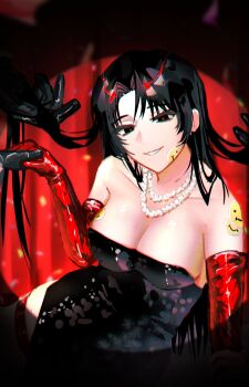 Rule 34 | 1girl, bare shoulders, black dress, black eyes, black hair, borrowed design, breasts, cleavage, commentary, dress, english commentary, genderswap, genderswap (mtf), gloves, gwechul, highres, jewelry, kim soleum, long hair, necklace, pearl necklace, red gloves, red pupils, smile, sou under water, spotlight, sticker, sticker on face, strapless, strapless dress
