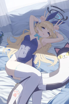 1girl absurdres animal_ears applepie_(12711019) aqua_bow aqua_bowtie armpit_focus armpits blonde_hair blue_archive blue_hair blue_halo blue_leotard bow bowtie braid breasts detached_collar double_v fake_animal_ears half_up_braid halo highleg highleg_leotard highres leotard long_hair looking_at_viewer official_alternate_costume playboy_bunny rabbit_ears revision solo strapless strapless_leotard stuffed_animal stuffed_toy thighhighs toki_(blue_archive) toki_(bunny)_(blue_archive) v white_thighhighs white_wrist_cuffs wrist_cuffs