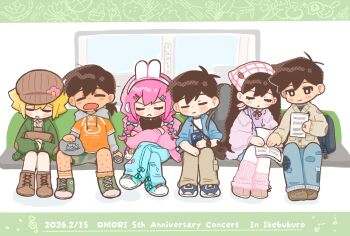 Rule 34 | 2girls, 4boys, :<, animal ear headphones, animal ears, aubrey (birthday) (omori), aubrey (faraway) (omori), aubrey (omori), basil (birthday) (omori), basil (faraway) (omori), basil (omori), black bag, black eyes, black hair, blonde hair, blue bow, blue jacket, blue shoes, blush, boots, bow, braid, bright pupils, brother and sister, brothers, brown boots, brown hair, brown hat, brown pants, brown shoes, camouflage, camouflage shorts, cardigan, character bag, character charm, character sticker, charm (object), closed eyes, closed mouth, collared jacket, collared shirt, crossed arms, crossed legs, cupcake bunny (omori), dark-skinned male, dark skin, dated, denim, double-parted bangs, drooling, ear piercing, english text, fake animal ears, green cardigan, green shoes, hair between eyes, hair bow, hair ornament, hairclip, handheld game console, hat, headphones, headscarf, hector (omori), hero (birthday) (omori), hero (faraway) (omori), hero (omori), hi hitun, highres, holding, holding handheld game console, hood, hood down, hoodie, jacket, jeans, jewelry, kel (birthday) (omori), kel (faraway) (omori), kel (omori), leg hair, long sleeves, low ponytail, low twin braids, mari (birthday) (omori), mari (faraway) (omori), mari (omori), mouth drool, multiple boys, multiple girls, newsboy cap, official alternate costume, official alternate hairstyle, omori, open cardigan, open clothes, open jacket, open mouth, orange hoodie, pants, parallel hairclips, parted lips, piercing, pink cardigan, pink hair, ponytail, rabbit ear headphones, rabbit ears, ring, sheet music, shirt, shoes, short-sleeved jacket, short hair, short ponytail, short sleeves, shorts, siblings, sitting, socks, something (omori), sticker, sunny (birthday) (omori), sunny (omori), twin braids, watch, white cardigan, white headscarf, white jacket, white pupils, white shirt, white socks, wristwatch