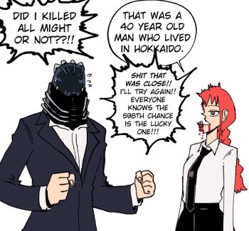 1boy 1girl @_@ all_for_one_(boku_no_hero_academia) black_necktie black_pants black_suit blood blood_on_face boku_no_hero_academia braid braided_ponytail chainsaw_man collared_shirt commentary english_commentary english_text formal_clothes gambling jacket makima_(chainsaw_man) mask necktie pants red_eyes shirt simple_background speech_bubble suit suit_jacket sweat teeth wanderjegson white_background white_shirt yellow_eyes