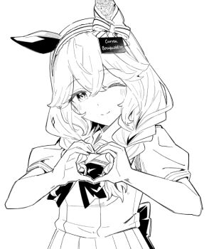 Rule 34 | 1girl, animal ears, braid, breasts, closed mouth, commentary request, curren bouquetd'or (umamusume), hair between eyes, hair ornament, heart, heart hands, horse ears, kfhhen, long hair, looking at viewer, low twin braids, one eye closed, ribbon, school uniform, small breasts, smile, solo, tracen school uniform, twin braids, umamusume, white background