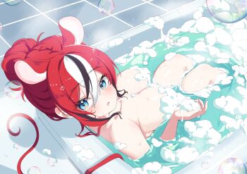 1girl absurdres animal_ears bath bathing bathtub black_hair black_streaks blue_eyes blush breasts bubble bubble_bath cafelittle collarbone commentary_request convenient_censoring double-parted_bangs hair_between_eyes hair_bun hair_up hakos_baelz highres holding hololive hololive_english knees_up large_breasts looking_at_viewer looking_to_the_side mouse_ears mouse_tail multicolored_hair open_mouth partially_submerged red_hair soap_bubbles soap_censor steam tail tiles virtual_youtuber water wet white_hair
