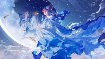 Rule 34 | 1girl, absurdres, blue dress, blue flower, bow-shaped hair, brooch, brown eyes, cmpovar, commentary, constellation, double bun, dress, dusk, english commentary, feathers, flower, full body, hair bun, hair flower, hair ornament, hand on mirror, happy, highres, invisible chair, jewelry, long dress, long sidelocks, long sleeves, looking at reflection, mirror, moonlit reflection (shining nikki), mountain, nikki (nikki), nikki (series), off-shoulder dress, off shoulder, official art, open mouth, outdoors, pink hair, reflection, ripples, shining nikki, short hair with long locks, sidelocks, sitting, sky, sleeves past fingers, sleeves past wrists, smile, smoke, solo, star (sky), starry sky, updo, wide sleeves, wind