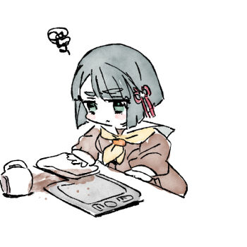 1girl black_hair blunt_bangs blunt_ends blush_stickers bob_cut breasts brown_dress coffee coffee_mug commentary_request cup dress flower_knot green_eyes hasu_no_sora_school_uniform link!_like!_love_live! long_sleeves love_live! medium_breasts momose_ginko mug neckerchief pleated_dress sailor_collar sailor_dress school_uniform shinanoya_(satanicad) short_hair simple_background solo spill squiggle tray virtual_youtuber white_background white_sailor_collar winter_uniform wiping wiping_table yellow_neckerchief