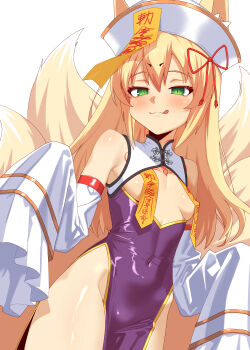 1girl absurdres animal_ears bare_shoulders blonde_hair blush breasts chinese_clothes commentary_request covered_erect_nipples covered_navel detached_sleeves dress fox_ears fox_girl fox_tail green_eyes hat highres jiangshi_costume kitsune kyuubi long_hair long_sleeves looking_at_viewer mon-musu_quest! mon-musu_quest:_paradox multiple_tails no_panties ofuda ofuda_on_head ofuda_on_nipples pasties purple_dress qingdai_guanmao raku_tuu shrug_(clothing) side_slit simple_background sleeves_past_wrists small_breasts smile solo tail tamamo_(mon-musu_quest!) tongue tongue_out white_background
