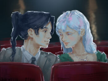 1boy 1girl absurdres black_eyes black_hair black_necktie coat collared_shirt curtained_hair dress green_dress grey_coat grey_eyes high_ponytail highres indoors jewelry jjajangbap looking_at_another movie_theater necklace necktie nephis_(shadow_slave) ponytail shadow_slave shirt sideburns smile sunny_(shadow_slave) theater_seating upper_body white_hair white_shirt