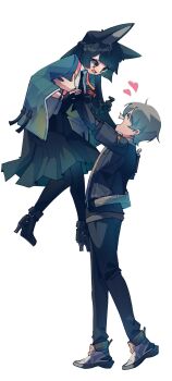 1boy 1girl animal_ear_fluff animal_ears aqua_jacket arm_out_of_sleeve armpit_carry black_hair black_necktie black_pantyhose black_shoes black_skirt blue_jacket blunt_bangs closed_eyes commentary english_commentary fingerless_gloves fox_ears fox_girl from_side full_body gauntlets gloves grey_hair heart hetero high-waist_skirt highres hoshimi_miyabi jacket long_hair looking_at_another mio_chan07 necktie open_mouth pantyhose red_eyes shirt shoes short_hair simple_background single_fingerless_glove single_gauntlet skirt twitter_username white_background white_shirt white_shoes wise_(zenless_zone_zero) zenless_zone_zero