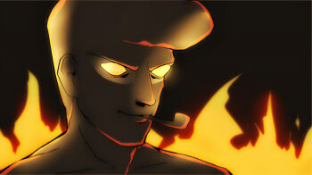 1boy codename:_kids_next_door commentary_request duplicate father_(knd) fire male_focus no_pupils pixel-perfect_duplicate shadowed smile smoking_pipe solo t_k_g yellow_eyes