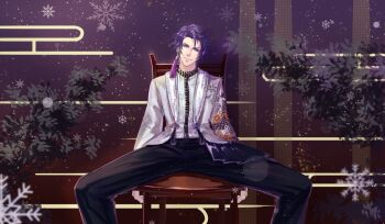 1boy black_pants chair commentary_request earrings egasumi feet_out_of_frame floral_print gengetsu_(14255909) ichinose_tokiya jacket jewelry long_hair looking_at_viewer low_ponytail male_focus mole pants parted_bangs patterned_clothing ponytail purple_background purple_eyes purple_hair shirt sitting smile snowflakes solo spread_legs uta_no_prince-sama white_jacket white_shirt