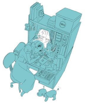 1girl blue_theme book desk drawer highres lying medium_hair non-humanoid_robot on_side open_drawer original osakana_tomika robot robot_animal shelf solo