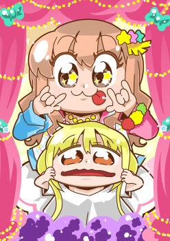 Rule 34 | 2girls, :3, \m/, bkub, blonde hair, blue jacket, bow, bracelet, brown eyes, brown hair, cheek pull, chibi, chibi only, closed mouth, commentary request, curtains, dress, fairy kei, futaba anzu, green bow, hair ornament, idolmaster, idolmaster cinderella girls, jacket, jewelry, long hair, long sleeves, looking at viewer, moroboshi kirari, multicolored jacket, multiple girls, necklace, open mouth, pink jacket, shirt, short sleeves, star (symbol), star hair ornament, star in eye, symbol in eye, tongue, tongue out, twintails, white dress, white shirt, yume kawaii