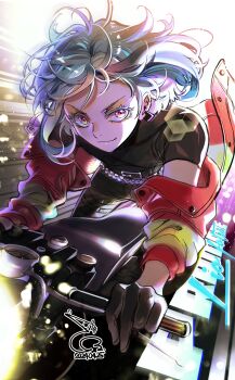 Rule 34 | 1boy, absurdres, androgynous, baehee5502, black pants, black shirt, blonde hair, character name, closed mouth, commentary request, copyright name, earrings, highres, jacket, jacket partially removed, jewelry, korean commentary, lio fotia, looking at viewer, male focus, motor vehicle, motorcycle, on motorcycle, pants, pink eyes, promare, red jacket, shirt, short hair, smile, solo