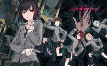 5girls =_= ^_^ afterglow_(bang_dream!) aoba_moca bang_dream! bang_dream!_girls_band_party! black_hair black_socks blazer brown_hair closed_eyes commentary_request crying green_necktie green_skirt grey_hair grey_jacket haneoka_school_uniform hazawa_tsugumi highres holding holding_key jacket key long_hair long_sleeves low_twintails medium_hair miniskirt mitake_ran multicolored_hair multiple_girls necktie nervous_sweating open_mouth pink_hair pleated_skirt red_hair red_shoes red_streaks school_uniform shoes short_hair skirt sleeves_past_wrists socks streaked_hair streaming_tears sweat tears twintails udagawa_tomoe uehara_himari uwabaki yukitake_(bullfalk)