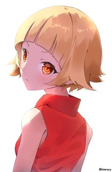 Rule 34 | 1girl, absurdres, artist name, blonde hair, blunt bangs, commentary, eyelashes, flipped hair, from behind, high collar, highres, kinrucy, kiss-shot acerola-orion heart-under-blade, kiss-shot acerola-orion heart-under-blade (small), kizumonogatari, looking at viewer, monogatari (series), oshino shinobu, ringed eyes, shirt, short hair, simple background, sleeveless, sleeveless shirt, solo, untranslatable commentary, very short hair, white background, yellow eyes