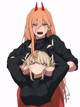 Rule 34 | 2girls, black sweater, blonde hair, boku no hero academia, breasts, chainsaw man, closed mouth, commentary request, company connection, cross-shaped pupils, crossover, demon girl, demon horns, ginjaeru, hair between eyes, high-waist skirt, highres, horns, long hair, long hair between eyes, multiple girls, open mouth, orange hair, power (chainsaw man), red horns, red skirt, sharp teeth, shueisha, simple background, skirt, sweater, symbol-shaped pupils, teeth, toga himiko, trait connection, weekly shounen jump, white background, yellow eyes