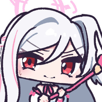 1girl absurdres averting_eyes bare_shoulders blue_archive chibi chibi_only detached_collar furrowed_brow hair_between_eyes halo head_wings highres holding holding_wand long_hair magical_girl official_alternate_costume panatisia parted_bangs pink_halo portrait red_eyes shy single_hair_intake single_head_wing sleeveless solo suzumi_(blue_archive) suzumi_(magical)_(blue_archive) wand white_background white_hair wings
