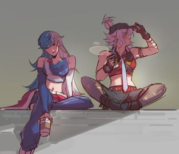 Rule 34 | 2girls, blue eyes, earrings, fingerless gloves, gloves, hat, heterochromia, highres, jewelry, long hair, luna snow, marvel, marvel rivals, multicolored hair, multiple girls, official alternate costume, ruinaiq, smile, split-color hair, tiger division, two-tone hair, white fox (marvel), white hair, yuri