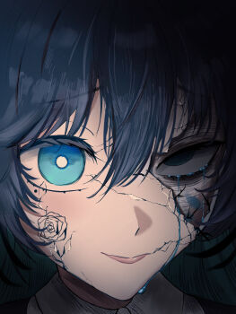 1girl ado_(utaite) blue_eyes blue_hair chando_(ado) close-up closed_mouth commentary_request cracked_kawaii_mask cracked_skin flower_facial_mark highres mole mole_under_eye portrait sido_(sido_mrtsnkc) solo utaite