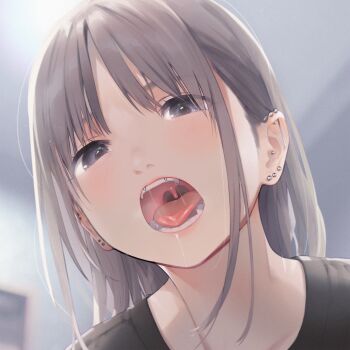 1girl absurdres close-up ear_piercing fangs fuzuki_fuuro grey_eyes grey_hair highres looking_at_viewer medium_hair mouth_focus non-web_source open_mouth original piercing saliva saliva_trail solo tachibana_kanna teeth tongue uvula
