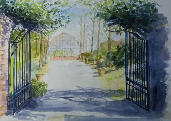 building flower_pot gate grass highres monsisiro411823 no_humans original outdoors painting_(medium) park path road scenery traditional_media tree watercolor_(medium)