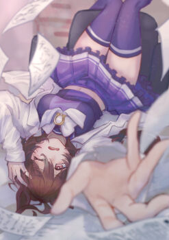 1girl absurdres agnes_tachyon_(umamusume) animal_ears bow bowtie breasts brown_hair commentary_request falling_paper frilled_skirt frills hair_between_eyes hand_on_own_head highres horse_ears horse_girl horse_tail lab_coat looking_at_viewer lying medium_breasts medium_hair midriff navel on_back one_eye_closed open_mouth outstretched_arm paper purple_sailor_collar purple_shirt purple_skirt purple_thighhighs red_hair sailor_collar sailor_shirt school_uniform shirt skirt solo tail thighhighs thighs tracen_school_uniform umamusume upside-down wakasoba white_bow white_bowtie