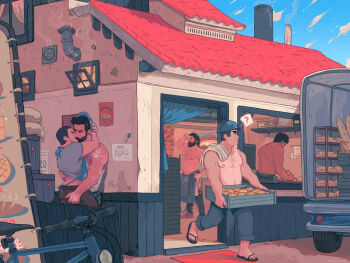5boys bakery bara baseball_cap beard beard_stubble belly bicycle bread building buzz_cut connected_beard cooking couple dark-skinned_male dark_skin day display_case facial_hair food full_beard hairy hat hiding kiss large_pectorals lifting_another's_clothes lifting_person loaf_of_bread male_focus mature_male multiple_boys muscular muscular_male navel navel_hair nipples original pastry pectorals profile ricardo_bessa shop short_hair slippers sparse_chest_hair sparse_navel_hair standing stubble sunlight tan thick_eyebrows topless_male very_short_hair walking wiping_face yaoi
