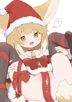 1girl ? animal_ear_fluff animal_ears arknights ass bell black_thighhighs blonde_hair bottomless breasts cameltoe christmas convenient_censoring cum cum_on_body cum_on_clothes fox_ears fox_girl fox_tail fur_trim green_eyes hat highres knees_up leg_ribbon legs legs_up loli long_hair lying multiple_tails neck_bell on_back open_mouth red_hat red_ribbon red_shirt ribbon santa_hat shirt small_breasts smile solo spoken_question_mark spread_legs suzuran_(arknights) tail thighhighs thighs unitedunti