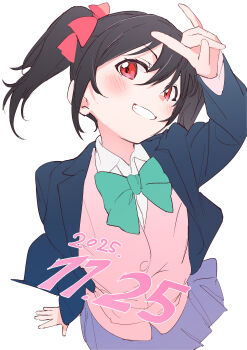 Rule 34 | 1girl, :d, \m/, absurdres, arm up, black hair, blazer, blue jacket, blue skirt, bow, bowtie, cardigan, commentary request, date pun, dated, green bow, green bowtie, grin, hair bow, highres, inazuma (elect line), jacket, long sleeves, looking at viewer, love live!, love live! school idol project, medium hair, miniskirt, number pun, open clothes, open jacket, open mouth, otonokizaka school uniform, pink cardigan, pleated skirt, red bow, red eyes, school uniform, simple background, skirt, smile, solo, twintails, white background, winter uniform, yazawa nico