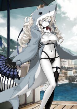 Rule 34 | 1girl, animal costume, animal hood, bikini, black bikini, blonde hair, blue eyes, breasts, breasts apart, closed mouth, crop top, crown, fate/grand order, fate (series), feet out of frame, folding fan, game cg, groin, hair through hood, hand fan, holding, holding fan, hood, hood up, konoe ototsugu, kriemhild (fate), kriemhild (swimsuit rider) (fate), kriemhild (swimsuit rider) (second ascension) (fate), long hair, looking at viewer, medium breasts, navel piercing, official art, outdoors, pale skin, piercing, shark costume, shark girl, single bare leg, single thighhigh, smile, solo, standing, swimsuit, thighhighs, twintails, underboob, variant set