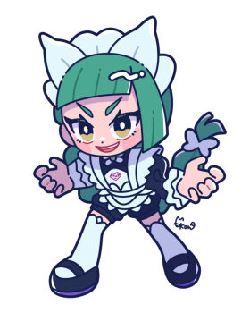 1girl apron black_romper blunt_bangs blush bow bowtie braid braided_ponytail brown_eyes chibi commentary_request full_body green_hair juliet_sleeves lebanne_(pokemon) long_braid long_hair long_sleeves maid maid_apron maid_headdress mega_stone nintendo open_mouth pokemon pokemon_legends:_z-a puffy_sleeves romper simple_background smile solo teeth thighhighs tsurime upper_teeth_only white_background white_bow white_bowtie white_thighhighs wtnkkon