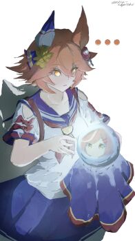 +_+ ... 2girls absurdres animal_ears backpack bag blue_sailor_collar blue_skirt brown_hair clover_hair_ornament crystal_ball daruma_doll daruma_doll_hair_ornament ear_covers flipped_hair hair_between_eyes hair_ornament hairclip highres holding holding_orb horse_ears horse_girl mambo_(meme) matikanefukukitaru_(rising_fortune)_(umamusume) matikanefukukitaru_(umamusume) matikanetannhauser_(umamusume) meme multiple_girls neckerchief orange_hair orb red_neckerchief rika-kiyoshi sailor_collar school_uniform serafuku shirt short_hair simple_background single_ear_cover skirt star-shaped_pupils star_(symbol) symbol-shaped_pupils umamusume white_background white_shirt