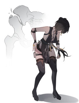 1girl bare_shoulders black_boots black_dress boots breasts broken_bone commentary dress earrings elbow_pads english_commentary female_rover_(wuthering_waves) full_body gloves hand_on_own_hip jewelry long_hair low_ponytail medium_breasts nai_pizx partially_fingerless_gloves ponytail rover_(wuthering_waves) solo thigh_boots wuthering_waves yellow_eyes