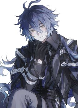 Rule 34 | 1boy, absurdres, antenna hair, averting eyes, black coat, black gloves, blue hair, chinese commentary, closed mouth, coat, collared coat, commentary request, crossed bangs, flins (genshin impact), genshin impact, gloves, gradient hair, grey pants, hair between eyes, highres, index finger raised, long hair, long sleeves, male focus, multicolored hair, pants, simple background, sitting, solo, thigh strap, upper body, wavy hair, white background, woshiningmengjing913, yellow eyes