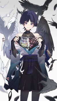 3boys animal armor asymmetrical_wings bare_shoulders bird black_wings bone closed_mouth commentary feathered_wings feathers genshin_impact grass grey_background hei_lang highres japanese_armor japanese_clothes kote kurokote looking_at_viewer male_focus mandarin_collar mini_person miniboy multiple_boys purple_eyes purple_hair scaramouche_(genshin_impact) scaramouche_(kabukimono)_(genshin_impact) silk simple_background spider_web symbol-only_commentary tassel torn_clothes wanderer_(genshin_impact) white_wings wide_sleeves wings