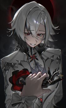 1girl absurdres arlecchino_(genshin_impact) black_background black_eyes black_hands black_streaks coat colored_extremities commentary fatui_coat fur-trimmed_coat fur_trim genshin_impact grey_coat grey_hair hair_between_eyes hashtag-only_commentary highres holding_hands jewelry long_bangs looking_at_viewer m3ru multicolored_hair pov pov_hands red_pupils ring short_hair simple_background smile solo_focus streaked_hair symbol-shaped_pupils upper_body x-shaped_pupils