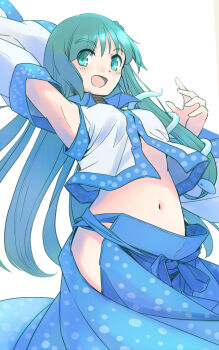 1girl :d arm_up armpits blue_skirt collared_shirt commentary_request cowboy_shot detached_sleeves frog_hair_ornament from_below green_eyes green_hair hair_ornament hand_up kochiya_sanae light_blush looking_down navel open_clothes open_mouth open_shirt polka_dot polka_dot_skirt rangycrow shirt sideways_glance single_sidelock skirt smile snake_hair_ornament solo stomach touhou white_shirt