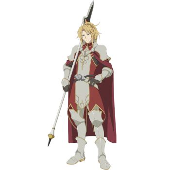 1boy ahoge armor armored_boots artist_request belt black_belt black_shirt blonde_hair boots bracer cape check_clothing closed_mouth clothing_request collared_tunic couter cuisses forehead full_body game_cg gold_trim grey_boots hand_on_own_hip high_collar holding holding_polearm holding_weapon kitamura_motoyasu legendary_spear_(small_spear)_(tate_no_yuusha_no_nariagari) legendary_spear_(tate_no_yuusha_no_nariagari) light_smile long_sleeves looking_at_viewer male_focus medium_hair messy_hair multiple_belts official_art pants pauldrons pinstripe_pants pinstripe_pattern pinstripe_shirt polearm poleyn ponytail red_cape red_eyes red_tunic shirt short_ponytail shoulder_armor sidelocks simple_background sleeveless_tunic solo spear standing tachi-e tate_no_yuusha_no_nariagari tate_no_yuusha_no_nariagari_rerise transparent_background tunic turtleneck_tunic two-tone_tunic vambraces weapon white_belt white_pants white_tunic