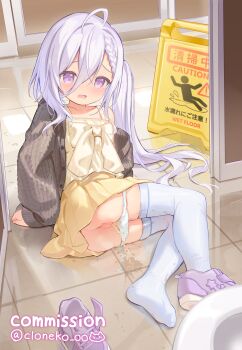 1girl absurdres cloneko_(zelmeledf2) commission hair_between_eyes highres loli long_hair original panties panty_pull pee peeing peeing_self purple_eyes pussy skeb_commission solo thighhighs underwear variant_set white_thighhighs