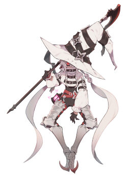 Rule 34 | 1boy, armor, armored boots, armored footwear, belt, black gloves, black jumpsuit, boots, buckle, bug, butterfly, covered mouth, crop top, dark-skinned male, dark skin, gloves, greaves, hair over one eye, halberd, half gloves, hat, hat over one eye, high collar, highres, holding, holding polearm, holding weapon, insect, inu fuji, jumpsuit, lantern, large hat, long hair, long sleeves, looking at viewer, low twintails, male focus, multiple belts, one eye covered, original, over shoulder, pointy footwear, polearm, puffy long sleeves, puffy sleeves, red belt, red eyes, shirt, solo, star (symbol), thigh armor, twintails, very long hair, weapon, weapon over shoulder, white background, white hair, white hat, white shirt, witch hat, yngdor (inu fuji)