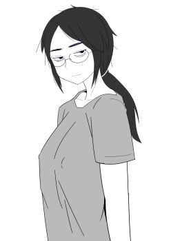 1girl arm_at_side bags_under_eyes commentary_request covered_erect_nipples glasses greyscale highres jimiko looking_at_viewer messy_hair monochrome original ponytail shirt solo standing t-shirt tanaka_rikimaru upper_body white_background