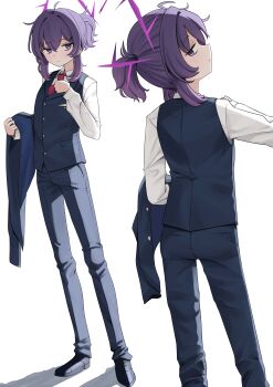 1girl absurdres back black_jacket black_pants black_shoes black_vest blue_archive breast_pocket butler commentary coralreef966 dress_shirt dress_shoes feet_out_of_frame female_butler full_body halo haruka_(blue_archive) haruka_(suit)_(blue_archive) highres holding holding_jacket holding_unworn_clothes jacket long_legs long_sleeves medium_hair messy_hair multiple_views necktie official_alternate_costume pants pocket pocket_square ponytail purple_eyes purple_hair purple_halo red_necktie shirt shoes short_ponytail sidelocks simple_background unworn_jacket vest white_background white_shirt