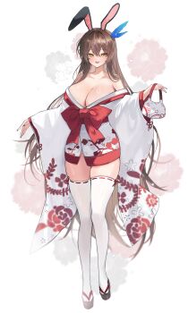 1girl absurdres animal_ears bag blue_feathers breasts brown_hair cleavage commentary commission crossed_bangs fake_animal_ears feather_hair_ornament feathers floral_print gurami_(zangizarang) hair_between_eyes hair_ornament highres holding holding_bag huge_breasts japanese_clothes kimono long_hair looking_at_viewer obi okobo original platform_sandals rabbit_ears ribbon-trimmed_thighhighs ribbon_trim sandals sash shiny_skin simple_background thighhighs very_long_hair white_background white_kimono white_thighhighs yellow_eyes zettai_ryouiki
