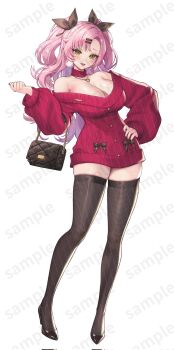 1girl aran_sweater bag black_shoes black_thighhighs blush bow breasts cable_knit cleavage collar commentary_request contrapposto corrupted_twitter_file curtained_hair eyebrows_hidden_by_hair forehead full_body green_eyes hair_ornament hairclip hand_on_own_hip hand_up handbag herrit_x high_heels highres jewelry korean_commentary large_breasts long_hair long_sleeves looking_at_viewer mole mole_on_thigh multiple_others necklace nicole_demara no_pants off-shoulder_sweater off_shoulder open_mouth parallel_hairclips pink_hair pumps raised_inner_eyebrows red_collar red_sweater ribbed_sweater sample_watermark shoes side_part simple_background smile solo standing striped_clothes striped_thighhighs sweater thighhighs two_side_up watermark wavy_hair white_background zenless_zone_zero