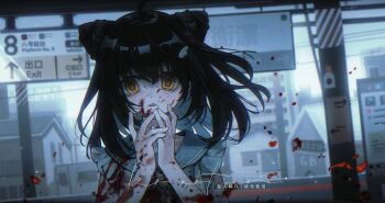 Rule 34 | 1girl, black hair, blood, blood on arm, blood on clothes, blood on face, blood splatter, commentary, commission, cone hair bun, crying, crying with eyes open, double bun, dutch angle, hair bun, hands up, highres, implied suicide, long hair, looking at viewer, original, solo, tears, train station, wei wu, yellow eyes